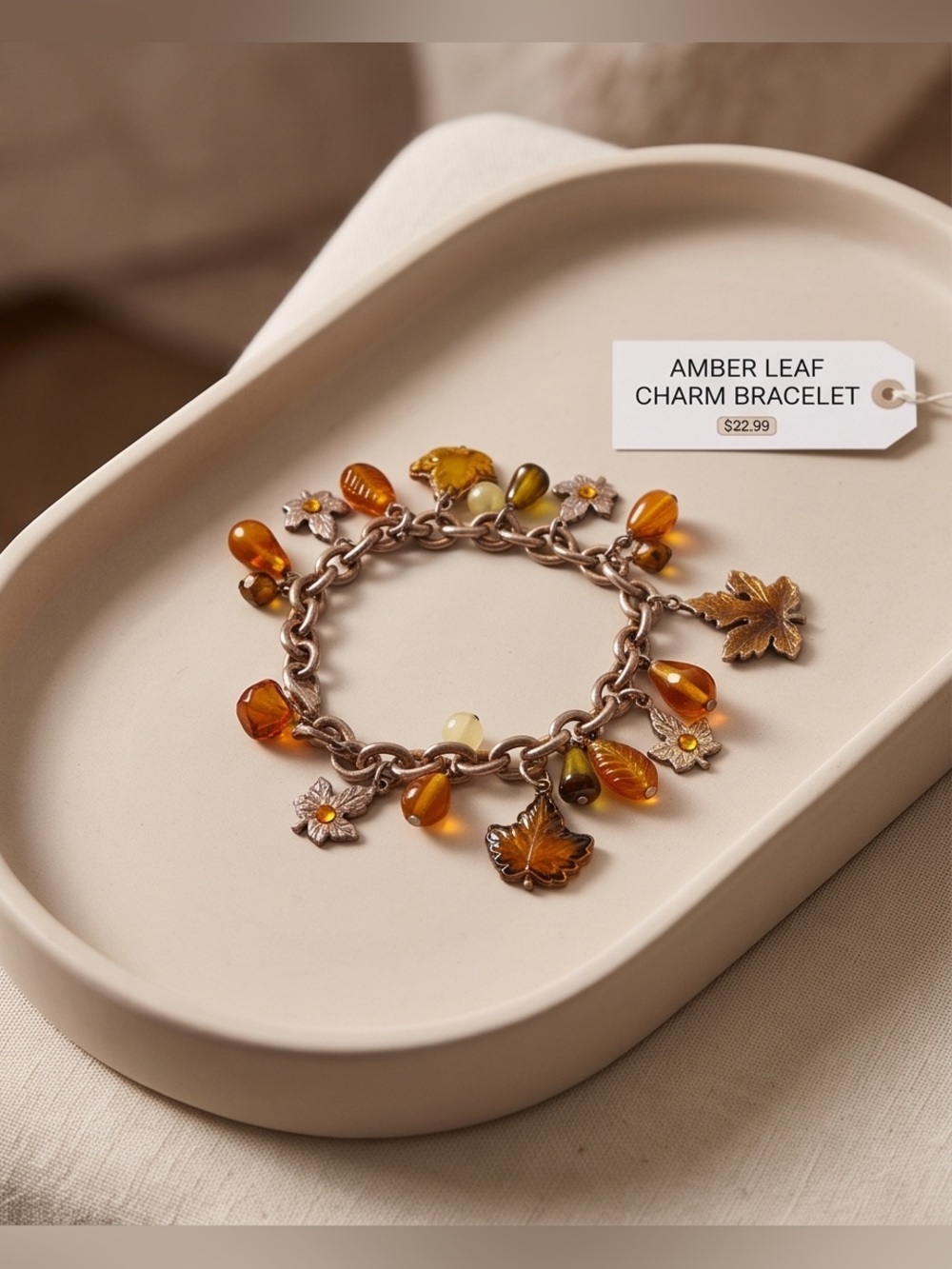 Amber Leaf Charm Bracelet ~ Fall Autmun Theme Colors New!